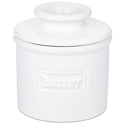 Butter Bell - The Original Butter Bell crock by L Tremain, a Countertop French Ceramic Butter Dish Keeper for Spreadable Butter, Café Retro Collection, Retro White, Glossy Finish Cover