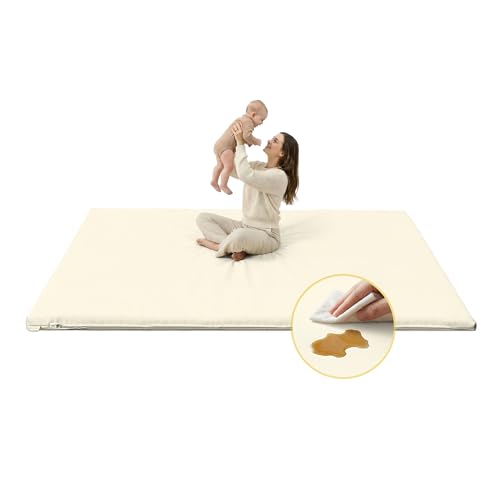 Image of Funyoo Vegan Leather Baby Play Mat, 71x59 Thicken Foam Play Mat for Infants and Toddlers, Padded & Cushioned Playpen Mat for 71x59 Playpens, 1.1" Thick, Cream