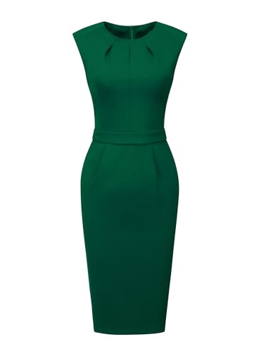Hobemty Damen Business Kleid Plissiert Etuikleid Rundhalsausschnitt Arbeit Bleistiftkleid Grün L