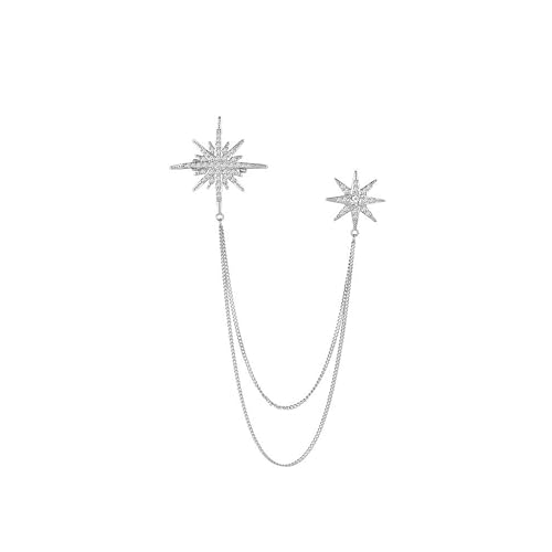Image of Gold Crystal Star Chain Tassel Brooch Pin for Women Men,Glitter Rhinestone Lapel Pins Dress Suit Accessories,Silver Wedding Anniversary Fringe Brooch