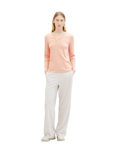 TOM TAILOR Damen Henley Longsleeve mit Streifen aus Bio-Baumwolle, 35225 - Apricot Offwhite Stripe Ck, XXXL – Ansicht 6