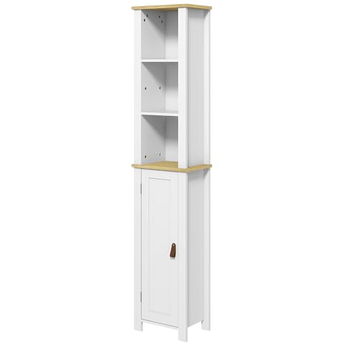 kleankin Mueble Auxiliar de Baño Columna de Baño Armario de Baño con Estantes Abiertos Estante Regulable Puerta y Sistema Anti-vuelco 34x23x165 cm Blanco