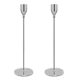 Paquete y tamaño: recibirás 2 portavelas de metal plateado. Diámetro del agujero de la vela: 2,2 cm, se adapta a la mayoría de candelabros y velas cónicas. Altura: 28 cm, diámetro de la base: 8 cm.