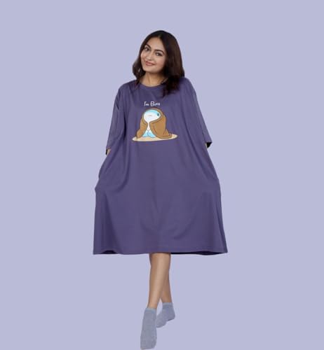 Image of LAMA STORE Women's Printed Oversized T-Shirt Dress, Cotton, 3 /4 Sleeve Length, Casual Loose Fit, Comfort Wear Extra Comfy Oversized Printed Pocket T-Shirt Dress