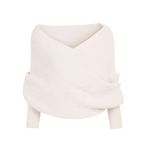 Pull femme chic et elegant col v casual pulls cache coeur croisé épaules dénudées sexy chandail manche longue tricot leger pullover fantaisie couleur unie décontracté ideal (White, One Size)