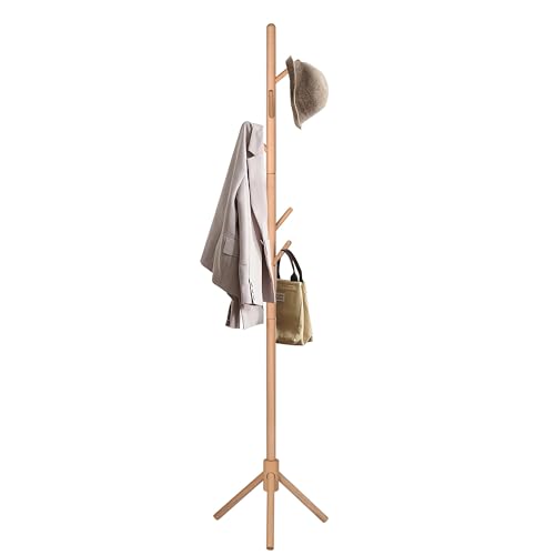 Perchero De Pie Madera de Haya Natural Con 8 Ganchos Estilo Árbol Minimalista | Colgador Ropa Sombreros Bolsos Fácil Montaje | Organizador Entrada Dormitorio Salón Oficina Compacto Estable Ligero