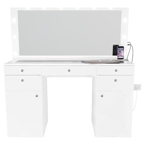 Boahaus Extra Large Makeup Vanity Desk, Kiana with Built-in Hollywood Mirror & USB-C 110V Outlet, Glam Glass Top, White Cover