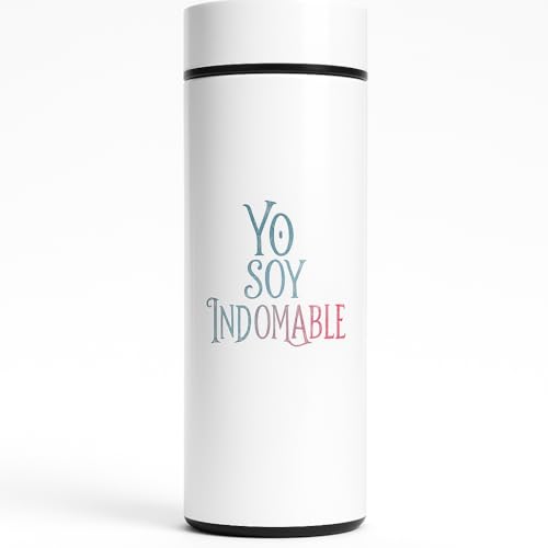 Termo botella de agua cafe o té con pantalla tactil y sensor de temperatura -Termo con frases motivacionales para Deportes,Viajes,oficina, Gym- INQUEBRANTABLE (Blanco, Yo Soy Indomable)