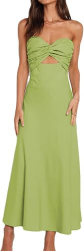 Image of Women Strapless Twist Front Midi Linen Cutout Wedding Guest Dress | Sexy,Sweetheart Neckline,Tube,Long,2026 Summer,Vacation,Formal,Cocktail,Bridesmaid,Party,Baby Shower,Beach,Elegant,Evening
