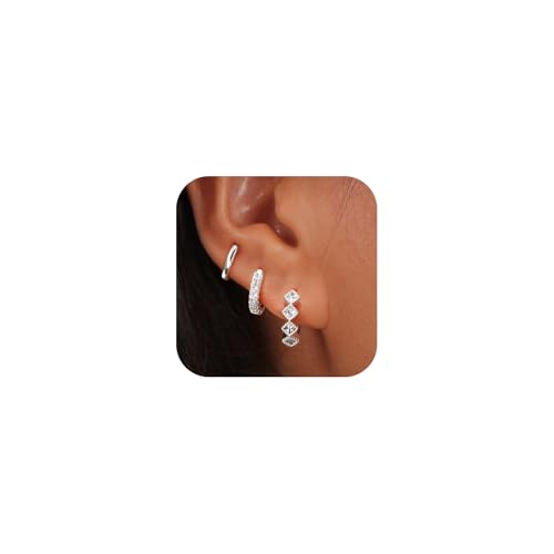 Rotnso Silver Hoop Earrings Set for Women Trendy, Silver Plated Chunky Hypoallergenic Small Diamond Huggie Cartilage Hoops Cute Cubic Zirconia Dangle Earrings Jewelry Gifts