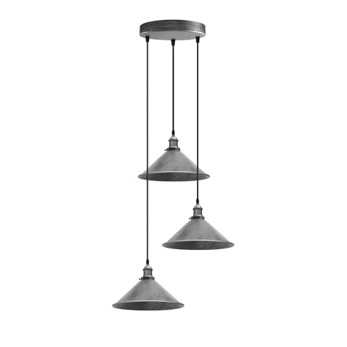 Image of Vintage Industrial 3 Head Cluster Ceiling Pendant Light Adjustable Cord Hanging Light Fixtures E27 Base Metal Brushed Silver Fitting Vintage Style Lamp Shade For Restaurant, Bar, Cafe (Style 8)