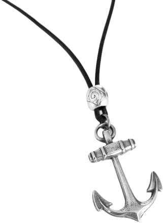 Men's Anchor Necklace, Genuine Black Leather Long Necklace, Handmade Silver Plated Pendant Boho Tribal Surfer Jewelry for Guys