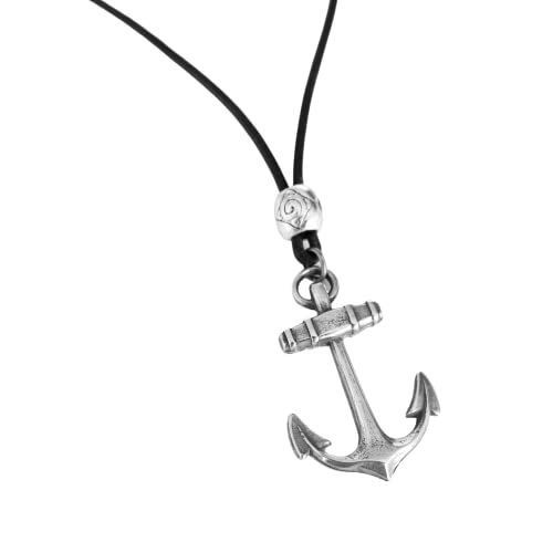 Men's Anchor Necklace, Genuine Black Leather Long Necklace, Handmade Silver Plated Pendant Boho Tribal Surfer Jewelry For Guys #TOP3
