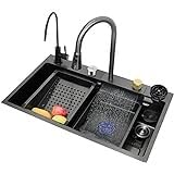 Évier de cuisine cascade noir pour optimiser l'espace de lavage avec robinet extractible