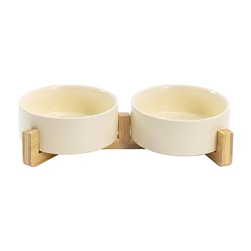SPUNKYJUNKY Ceramic Dog and Cat Bowl Set with Wooden Stand, ...