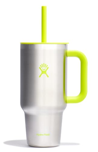 Image of Hydro Flask Travel Tumbler with Handle, Lid and Straw - Insulated Stainless Steel in 32 Oz Stainless Steel Lime
