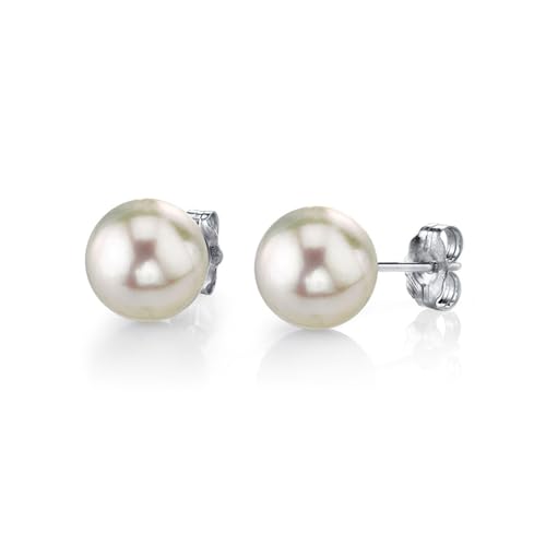 THE PEARL SOURCE 18K Gold 8.5-9mm AAA Quality Round White Akoya Cultured Pearl Stud Earrings for Women Pearl Gifts for Christmas, Holidays and Anniversary