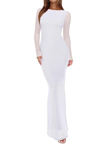 REORIA Women's Fall Mesh Sheer Long Sleeve Wedding Guest Dress Sexy Floral Bodycon Maxi Long Dresses Brilliant White Small
