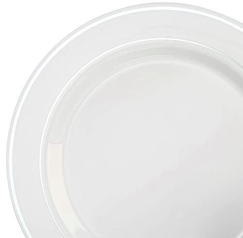 " Occasions " 150Pcs Set (25 Guests)- Disposable Heavyweight Dinnerwarewedding Plastic Plates & Cutlery - 10.5'', 7.5'' + Silverware W/Double Fork (White & Silver Rim) #TOP7