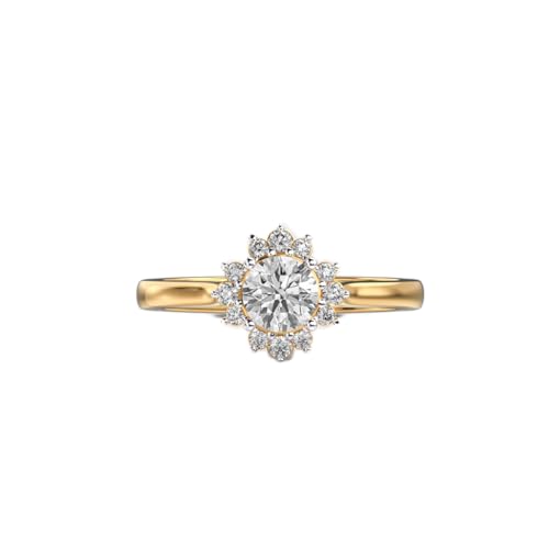 Bague moissanite ronde en argent 925 fait main avec fleurs et givre plaqué or luxe pour femme
