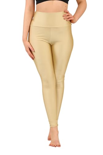 Loxdonz Womens Shiny Leggings High Waist Neon Leggings Disco Pants Yoga Sports Workout Legging Tights Small Gold