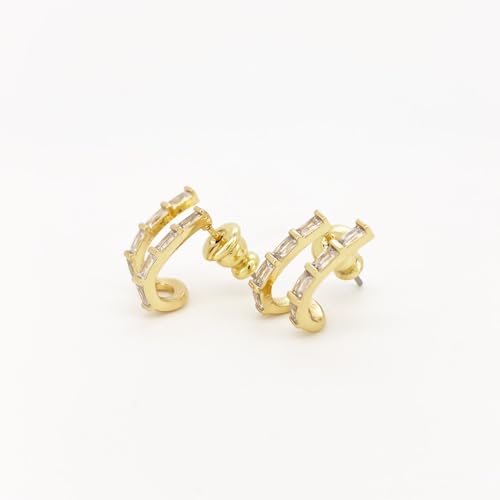 Image of Obidos 14K Gold Plated Illusion Stud Earrings for Women | Triple Huggie Hoop Earrings for One Hole| Trendy Simple Hypoallergenic Fashion Accessories Gold Jewelry Gifts for Womens