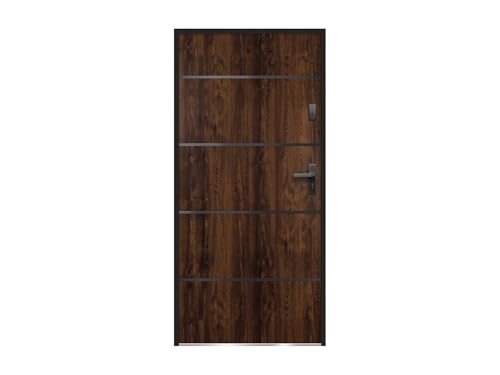 Vente-unique - Puerta de entrada de acero macizo y acero inoxidable Alt. 207 x L100 cm natural oscuro - apertura izquierda - NAXARA