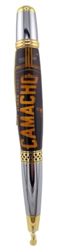 Handmade Mesa Sierra style ballpoint pen. Camacho cigar band collage in clear acrylic. Gold and chrome trim. Black ink. Green/gray 3D printed tray inside Camacho metal cigar tube. Black ink.