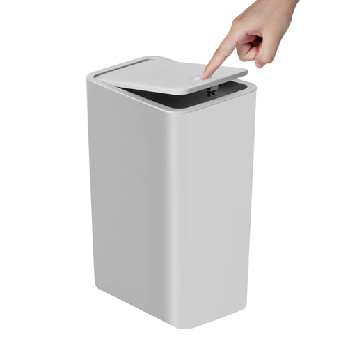 Image of TIPGO Bathroom Trash Can with Lid, 10 Liter / 2.6 Gallon Slim Garbage Can, Small Trash Bin Waste Basket with Pop-Up Lid for Kitchen, Bedroom, Living Room, Office (Grey)