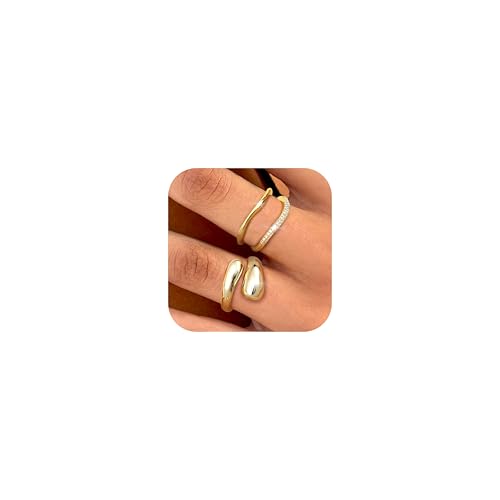 FUNRUN JEWELRY Stackable Chunky Gold Rings for Women Non Tarnish 14K Gold Chunky Ring Set Statement Band Stacking Ring Gold Size 5-10