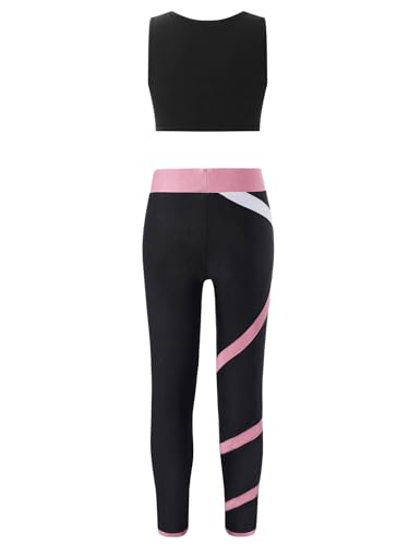 easyforever Kid Girls Crop Tops Racerback Tank Top And Gymnastics Leggings 2 Piece Dance Sports Clothes Set Black&Pink 14 Years2