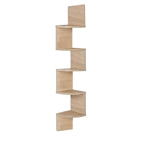 OcioDual Estantería de Esquina con Montaje en Pared, Esquinera de 5 Niveles, Diseño en Zigzag, para Plantas, Dormitorio, Sala de Estar, Baño, Oficina, Casa 20x20x122cm Madera