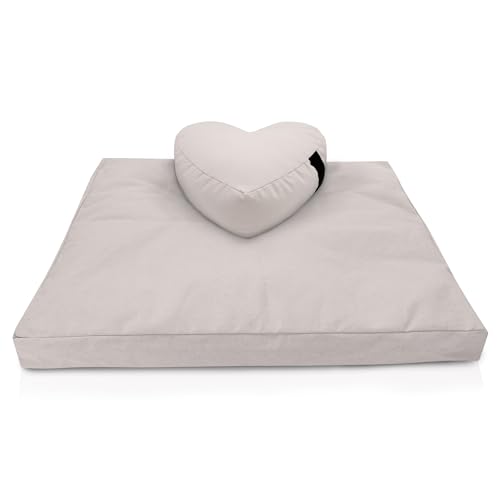 Bean Products Heart Shaped Zafu Pillow with Meditation Cushion - Organic Buckwheat Filled Heart Pillow and Cotton Filled Zabuton Floor Pad - Tibetan Style Yoga Knee Pad - Made in USA, Natural Heart