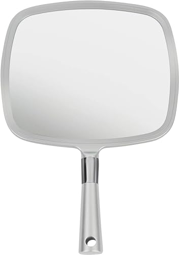Mirrorvana Espejo con Mango, Espejo de Mano Grande para clínica Dental, salón de Belleza, barbería, peluquería, Afeitado y Maquillaje (Plata)