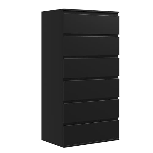 FOTOSOK Black Dresser, 6 Drawer Dresser, Modern Tall Black Storage Chest of Drawers Wood Dresser with Metal Sliding Rail, Handleless Drawer Cabinet for Home & Office