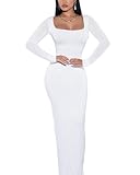 Doweha Women's Square Neck Long Sleeve White Maxi Dress Sexy Knit Bodycon Long Dress for Women