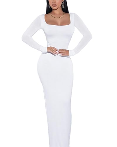Doweha Women's Square Neck Long Sleeve Maxi Dress Sexy Knit Bodycon Long Dress for Women