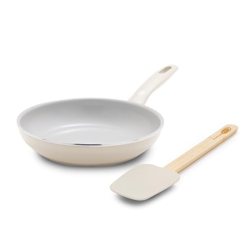 GreenPan Dover 8” Frying Pan Skillet with Spatula, Non-Toxic PFAS-Free Ceramic Nonstick Coating, Sear Saute Fry Egg Omlete, Dishwasher & Oven Safe, Stay Cool Handle, Easy Pour Rims, Cream White