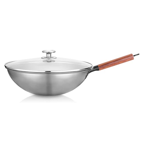Sartenes antiadherentes de titanio y cerámica con tapa, wok de 12,6 pulgadas y sartenes para saltear con mango que se mantiene frío, wok de fondo plano apto para inducción, electricidad, gas, hal
