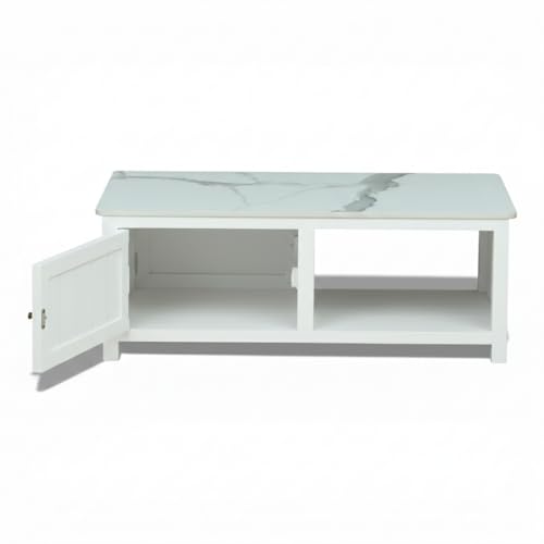 Image of Solid Wood Madrid Coffee Table | Premium Sintered Stone Center Table for Living Room | Wooden Centre Table | Finish- Premium Acrylic White