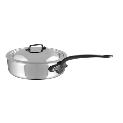 Mauviel M'Cook CI 5-Ply Polished Stainless Steel Saute Pan With Lid, And Cast Iron & Helper Handle, 6.2-qt, Made In France