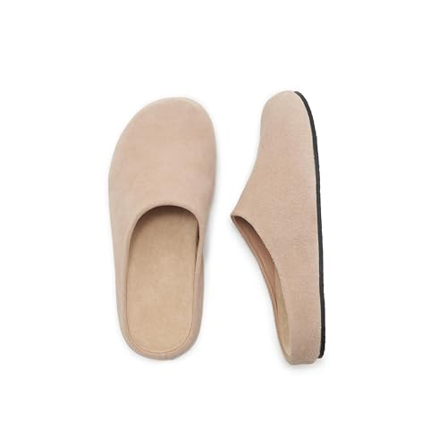 Image of Women's Suede Clogs Round Toe Print Leather Mules Cork Footbed Clog with Arch Support Comfort Casual Slip-on Fall Shoes