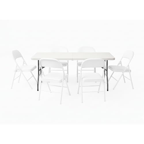 ADANITY Pack Conjunto Plegable   Mesa Rectangular 180cm HDPE Blanca + 6 Sillas Plegables Premium Acolchadas Polipiel Blanca   Mobiliario para Bodas, Eventos VIP, Jardín y Hostelería