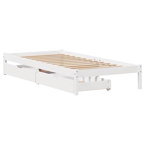 vidaXL Cadre de Lit Simple en Bois Pin Massif Blanc avec Tiroirs et Sommier - 90x190 cm