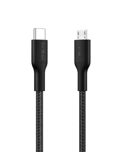 Belkin Eco Kabel USB-C na Micro USB o długości 1 m – Miękki i elastyczny Kabel w oplocie do szybkiego ładowania, Certyfikat USB-IF, do aparatów, głośników i innych urządzeń – Czarny