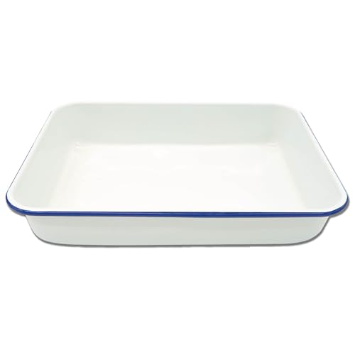 Zenker Enamel Large Roasting Dish Vintage Design Roasting Tin Perfect for Roasts Pies & Pastries Easy to Clean Oven Safe Up to 230 Degrees Celsius PTFE & PFOA Free 40x28.5cm White & Blue