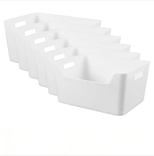 Image of (6 pack) Extra Large Plastic Storage Bins, 11 inch W x 14.3 inch D x 7 inch H, Front Opening Container for Pantry, Closet, Bathroom Organization, White
