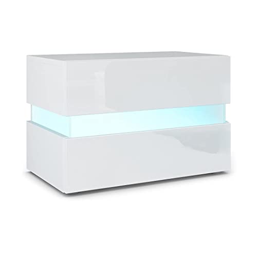 Vladon Table de Chevet Flow, Table de Nuit avec tiroir pour Fixation Murale, Blanc Mat/Blanc Haute Brillance, éclairage LED Inclus (60 x 45 x 39 cm)