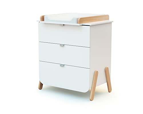 AT4 - Commode à langer 3 tiroirs en bois PIRATE Blanc et Hêtre|Plan à langer amovible inclus|79 x 66 x 84,5 cm|Pour chambre bébé
