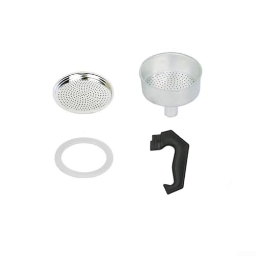 Feegow Moka Pot - Juego de piezas de repuesto con asa, sello de junta, embudo y filtro para cafetera espresso, compatible con tamaños de taza de 1, 3, 6, 9, 12, plateado y negro (3 tazas)
